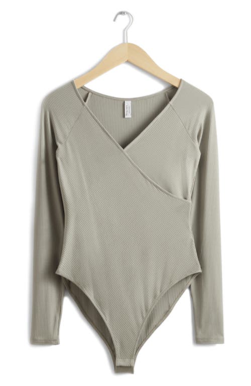 & Other Stories Long Sleeve Rib Bodysuit In Khaki Green Dusty Li