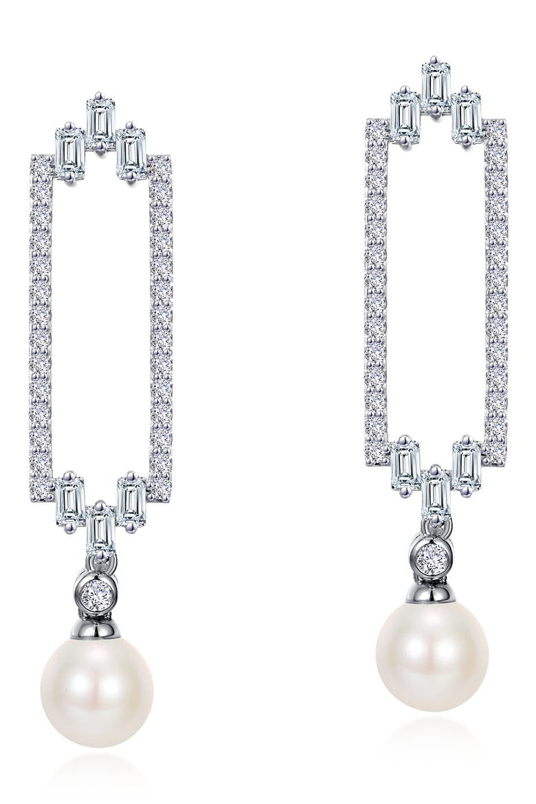Simulated Diamond & Cultured Freshwater Pearl Drop Earrings, Main, color, WHITE GOLD