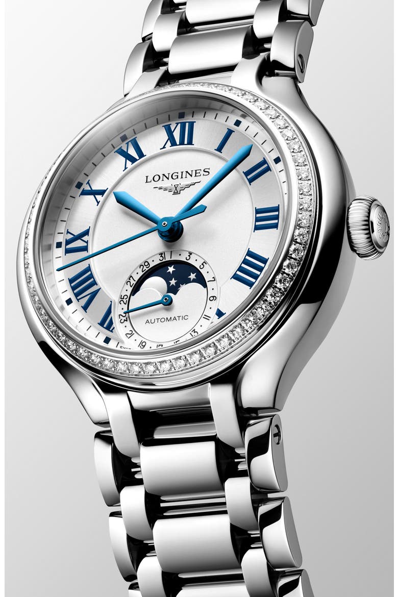 PrimaLuna Moonphase Diamond Bezel Bracelet Watch, 34mm, Alternate, color, SILVER