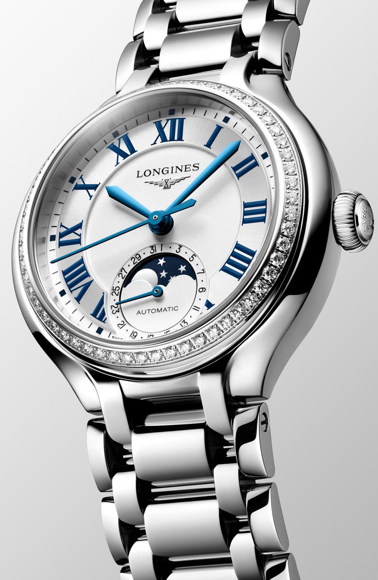 Longines PrimaLuna Moonphase Diamond Bezel Bracelet Watch, 34mm, Alternate, color, Silver