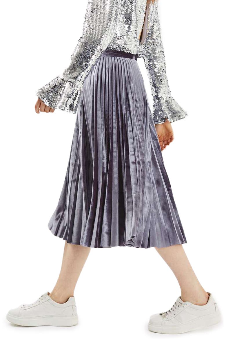 Velvet Pleated Midi Skirt, Alternate, color, GREY
