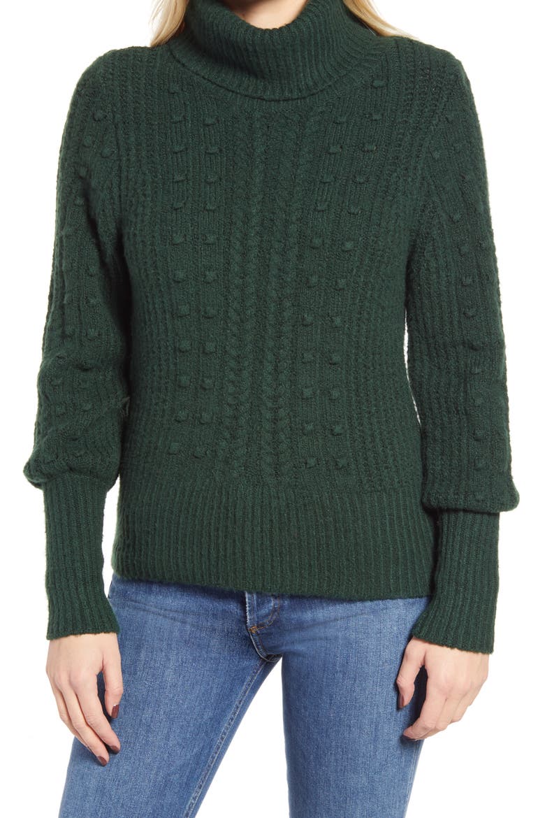 Cable & Bobble Turtleneck Sweater, Main, color, GREEN PARK