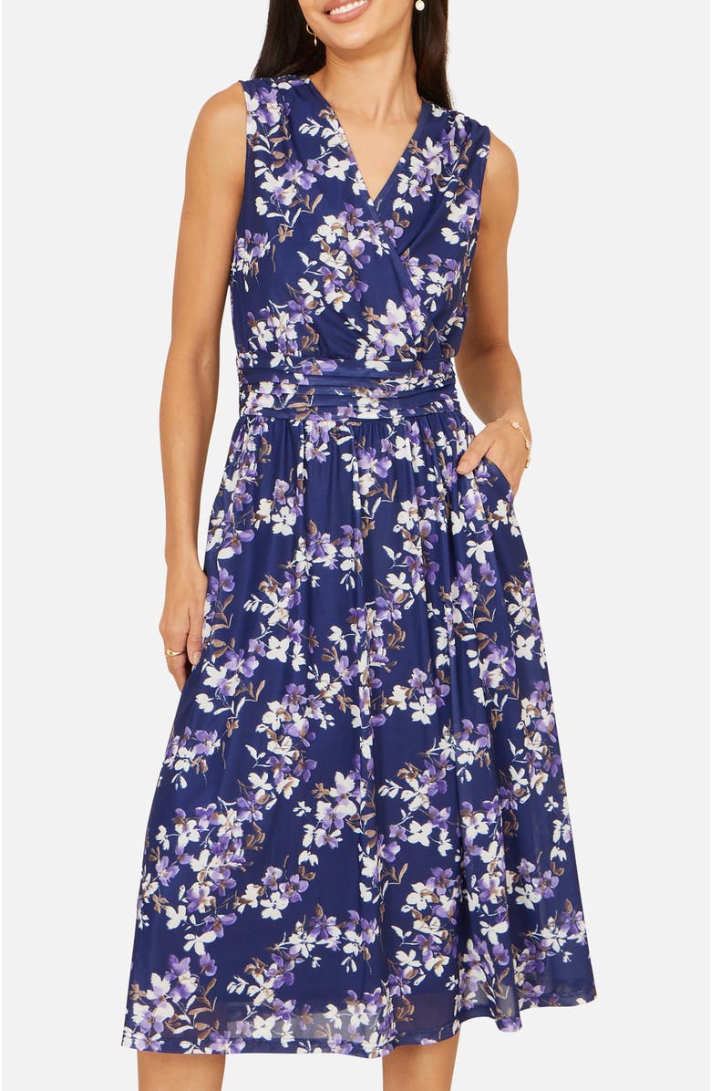 Yumi Blossom Print Mesh Stretch Midi Dress, Alternate, color, Navy
