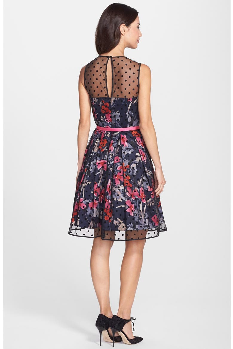Illusion Yoke Mesh & Faille Fit & Flare Dress, Alternate, color, PRINT BLACK