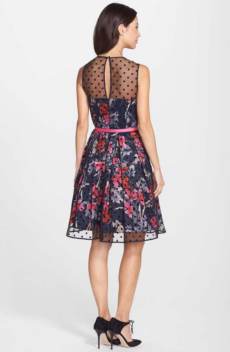 Eliza J Illusion Yoke Mesh & Faille Fit & Flare Dress, Alternate, color,