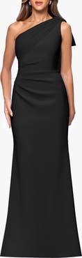 Xscape Evenings Sash Detail One-Shoulder Scuba Crepe Sheath Gown