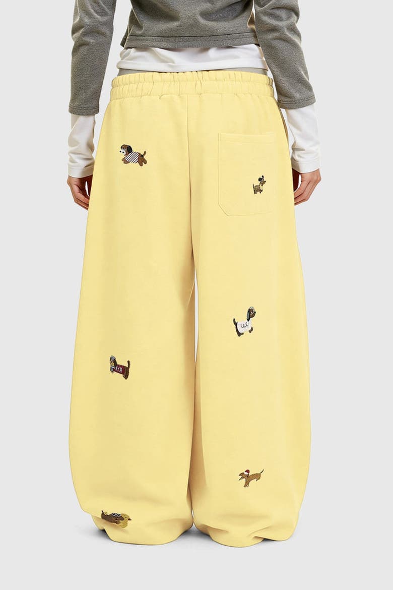 Embroidery Dog Baggy Barrel Sweatpants, Alternate, color, Yellow
