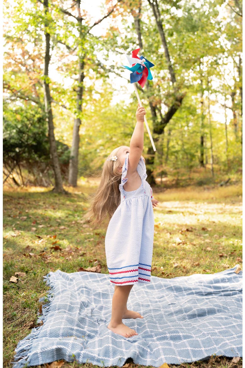 Kids' Stripe Flutter Sleeve Seersucker Dress, Alternate, color, BLUE