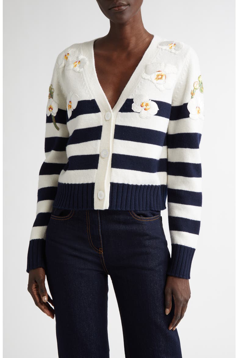 Embroidered Orchid Stripe Wool Cardigan, Main, color, NAVY/ IVORY