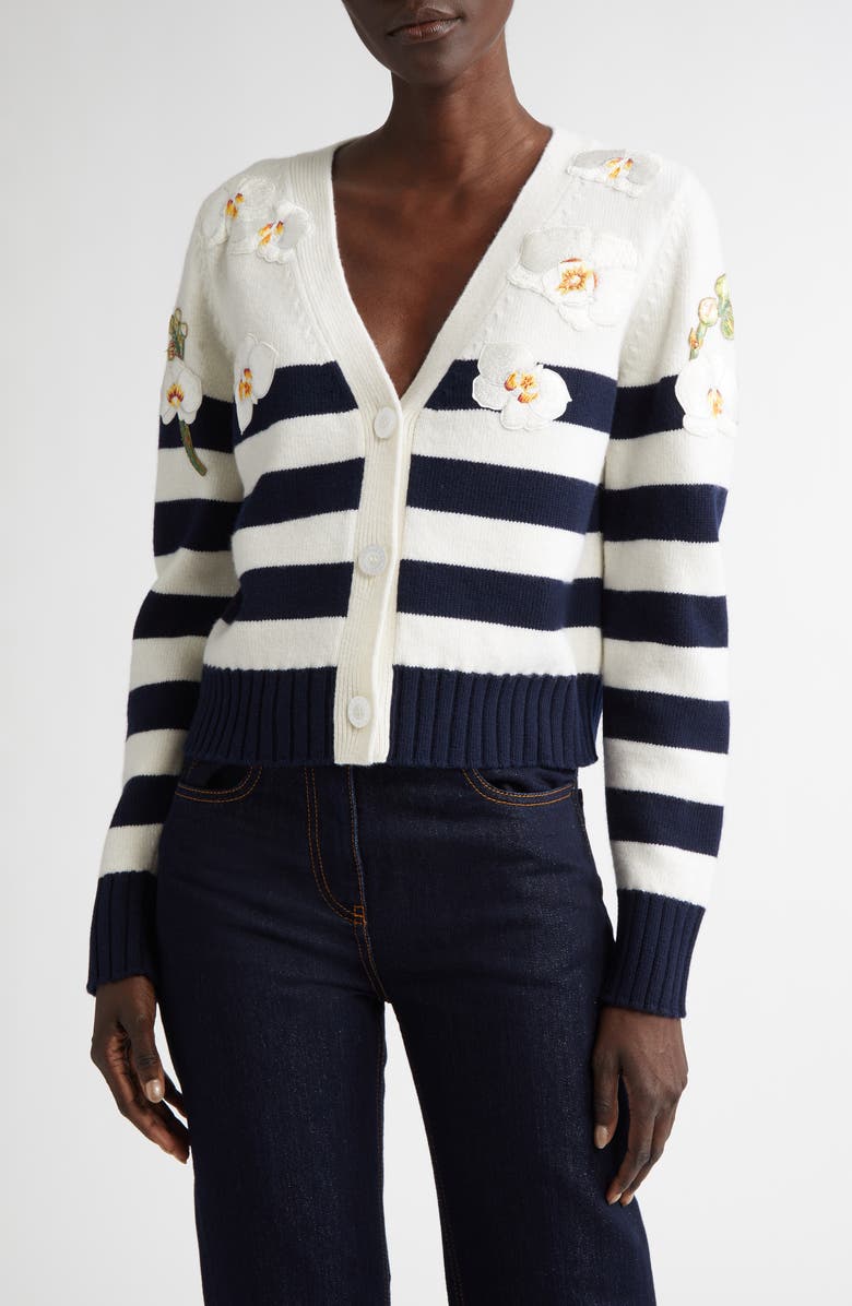 Oscar de la Renta Embroidered Orchid Stripe Wool Cardigan, Main, color,
