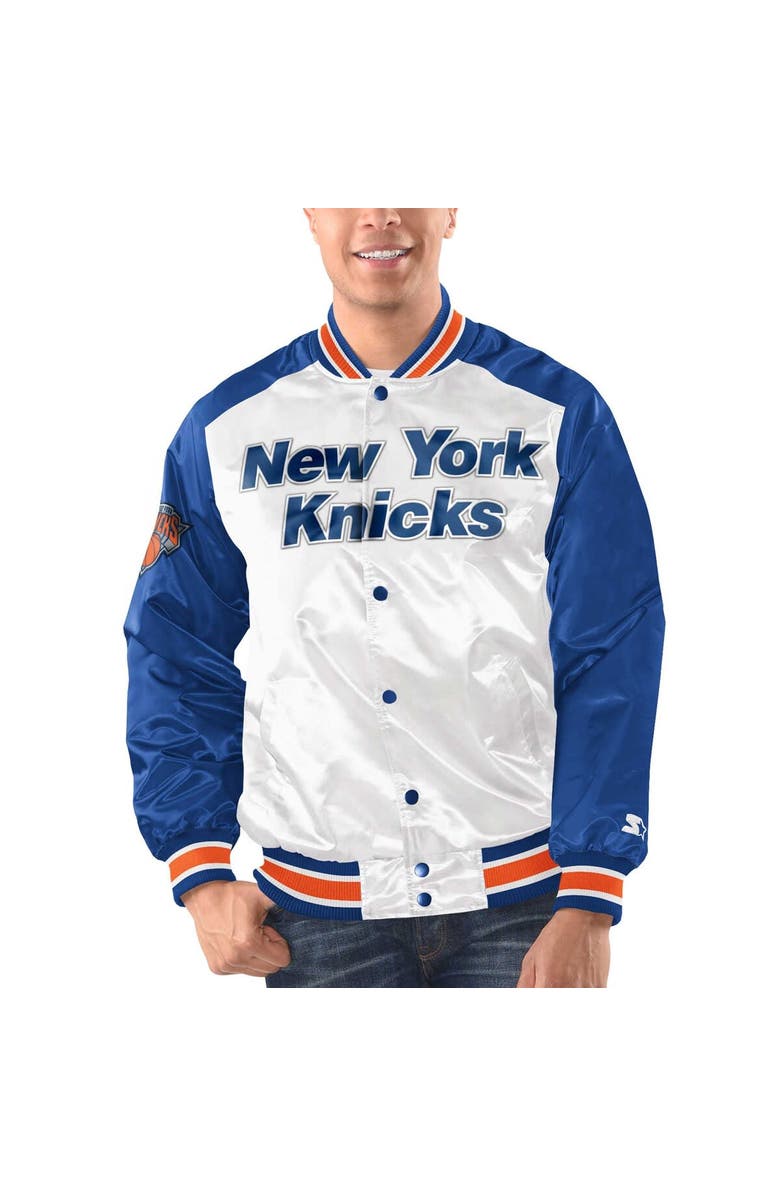 STARTER Men's Starter White/Blue New York Knicks Renegade Satin Full-Snap Varsity Jacket, Main, color, 