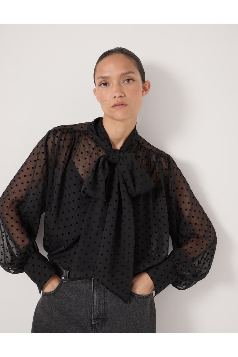 Tie Neck Flocked Spot Blouse, Main, color, Black