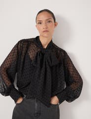 Hush Tie Neck Flocked Spot Blouse