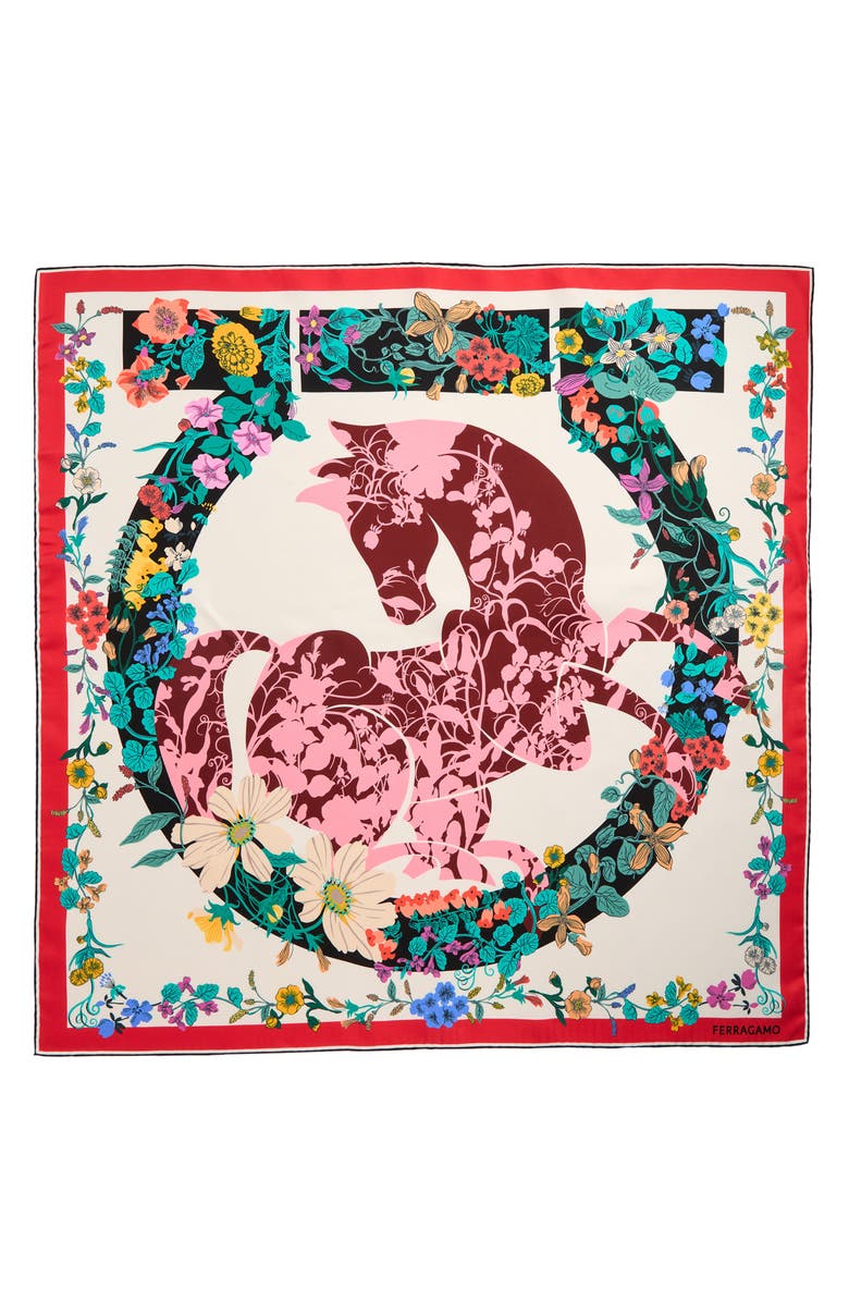 FERRAGAMO Pegasus Print Silk Twill Scarf Scarf, Main, color, Ivory/ Black