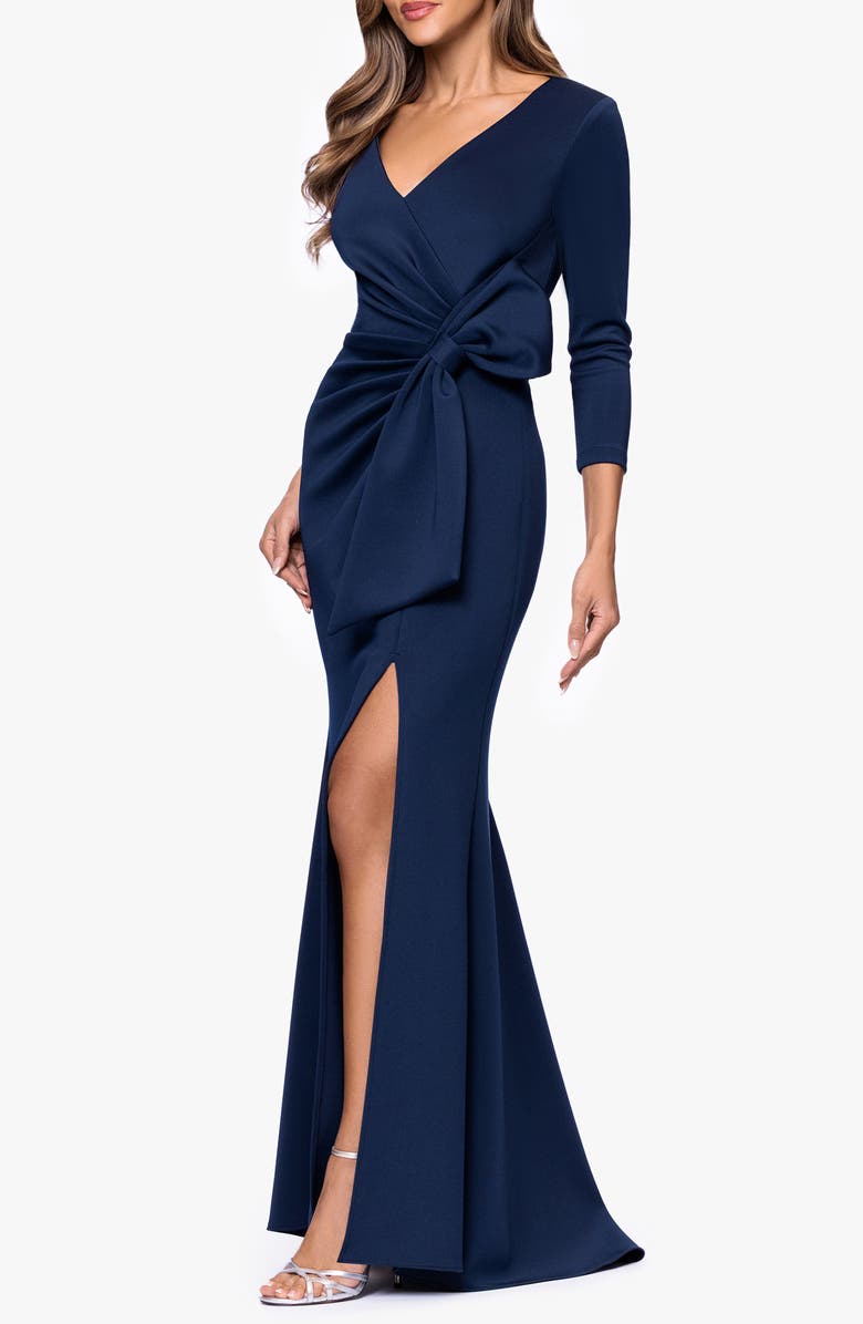 Xscape Evenings Bow Detail Long Sleeve Scuba Crepe Gown, Alternate, color, Midnight