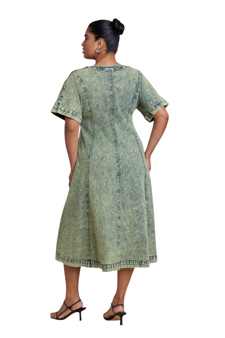 V Neck Flare Denim Dress, Alternate, color, GREEN SNOW WASH