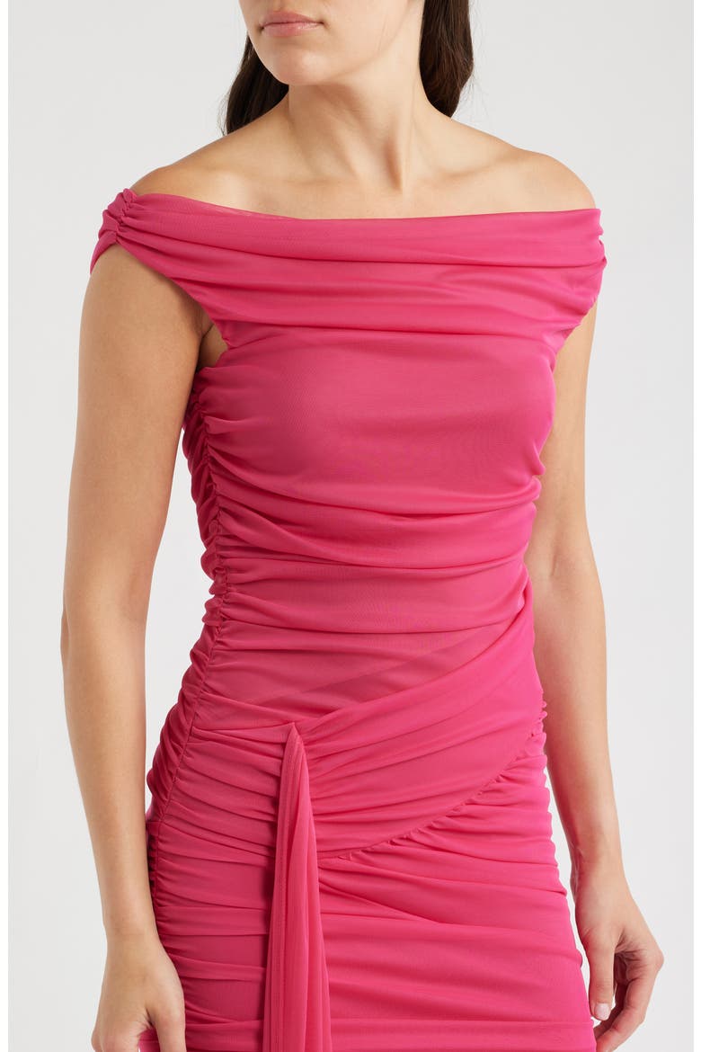 Amara Ruched Off the Shoulder Mesh Gown, Alternate, color, CERISE
