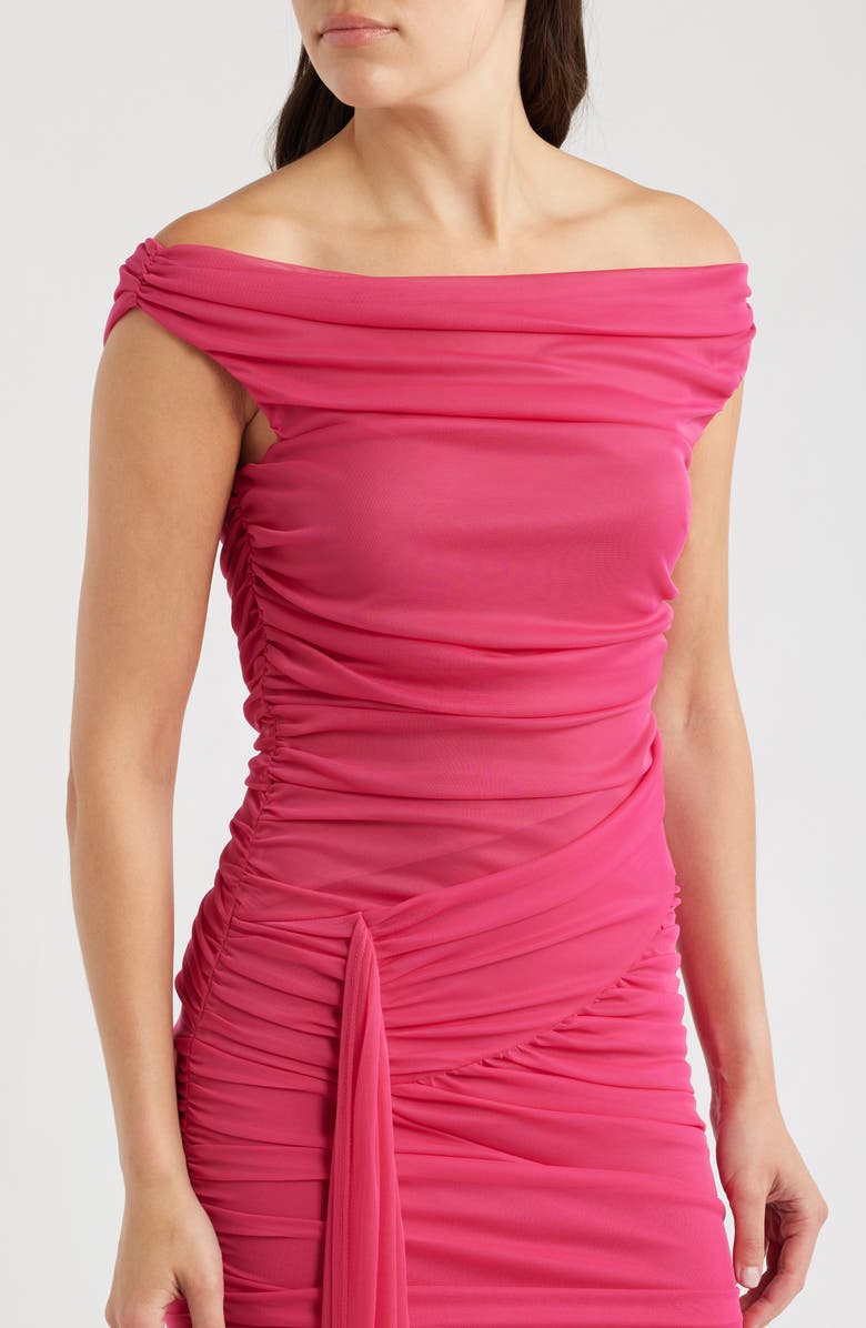 Black Halo Amara Ruched Off the Shoulder Mesh Gown, Alternate, color, Cerise