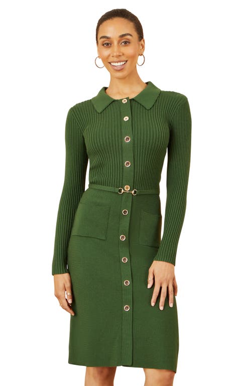 Yumi Belted Rib Knit Midi Dress With Pockets In Green