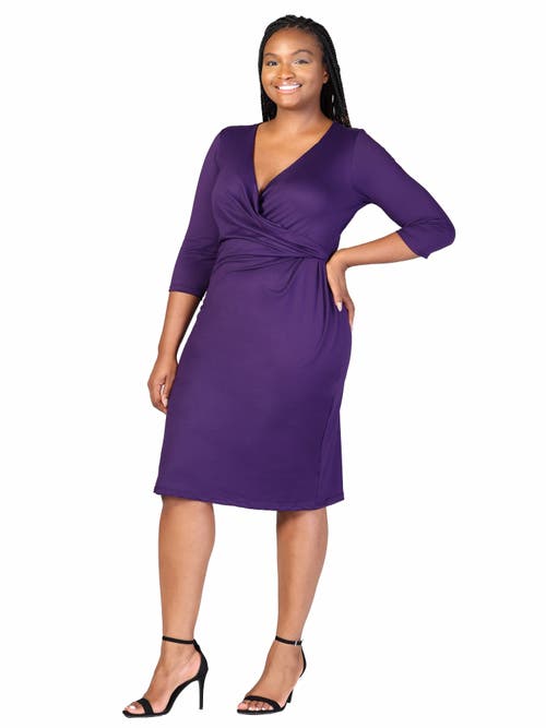 24seven Comfort Apparel Plus Size Knee Length V Neck  Dress In Purple