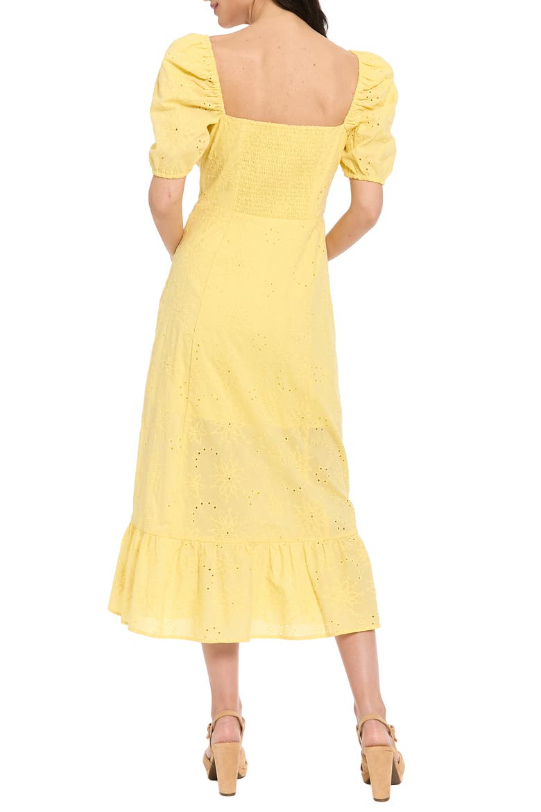 Floral Embroidered Eyelet Puff Sleeve Cotton Midi Dress, Alternate, color, YELLOW