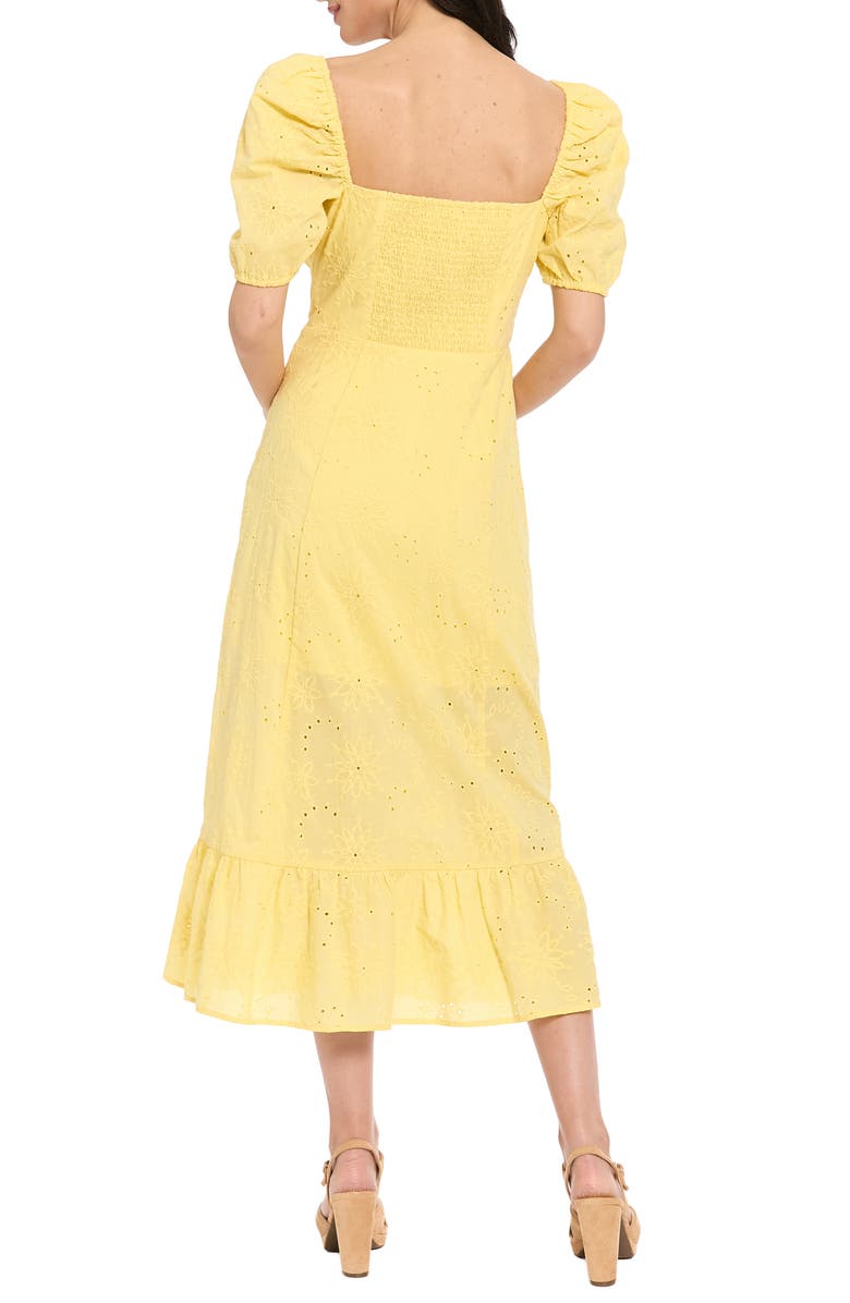 London Times Floral Embroidered Eyelet Puff Sleeve Cotton Midi Dress, Alternate, color, Yellow