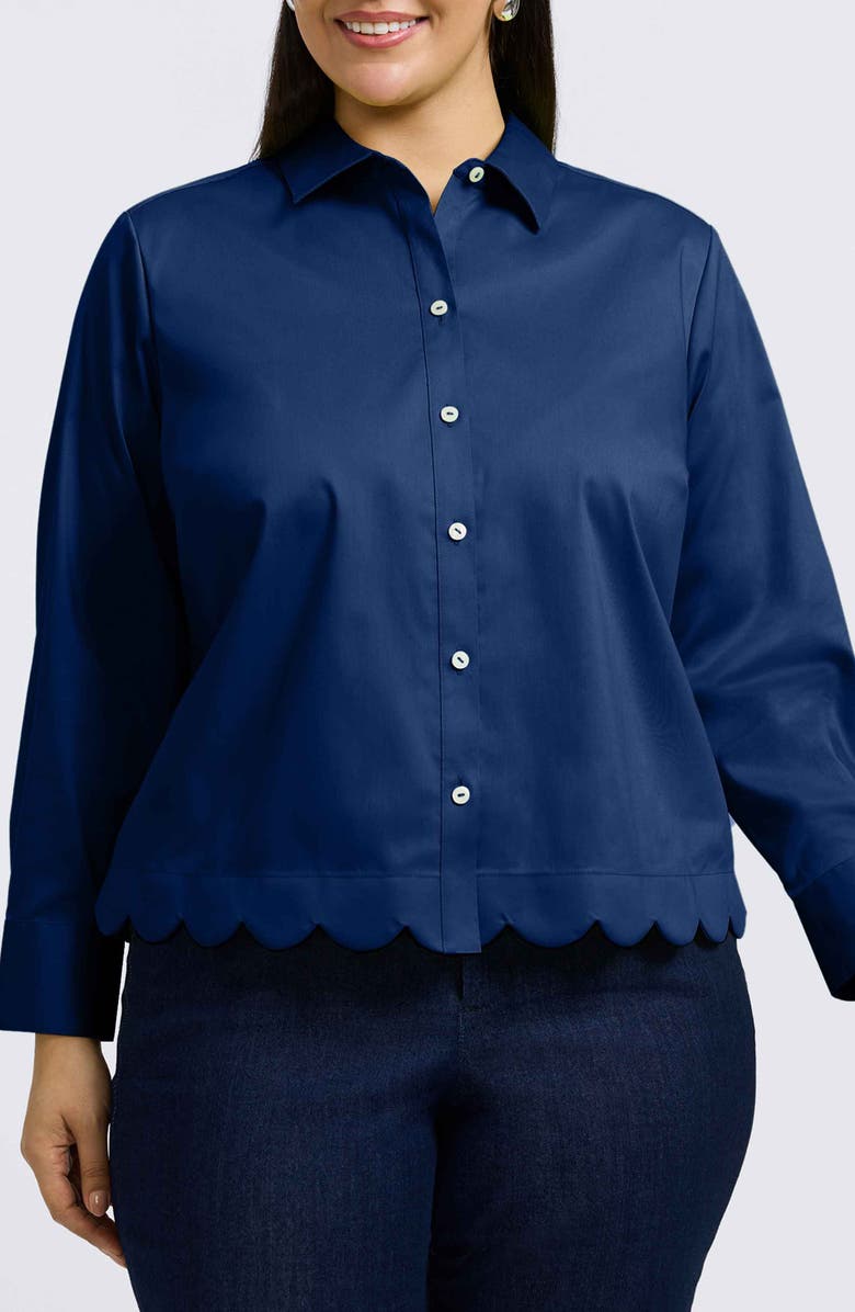 Foxcroft Scarlett Scallop Hem Button-Up Shirt, Main, color, Navy