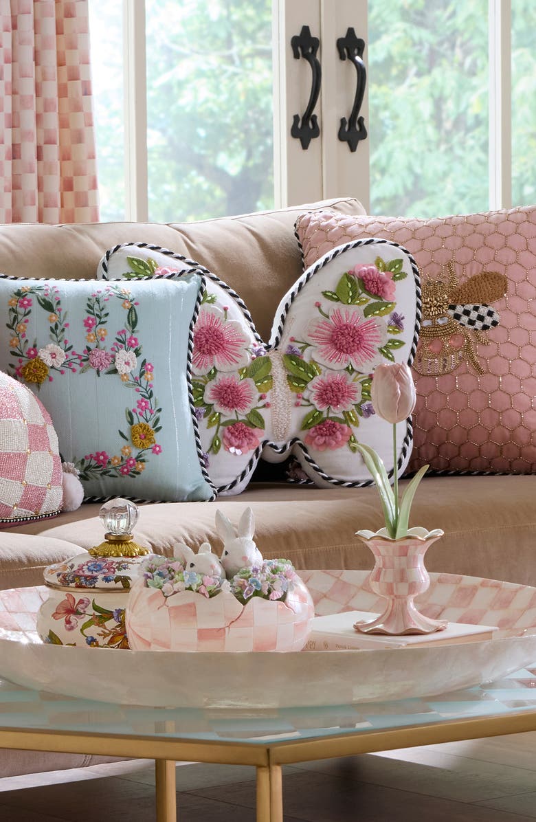 MACKENZIE CHILDS Butterfly Shaped Floral Appliqué Throw Pillow, Alternate, color, White