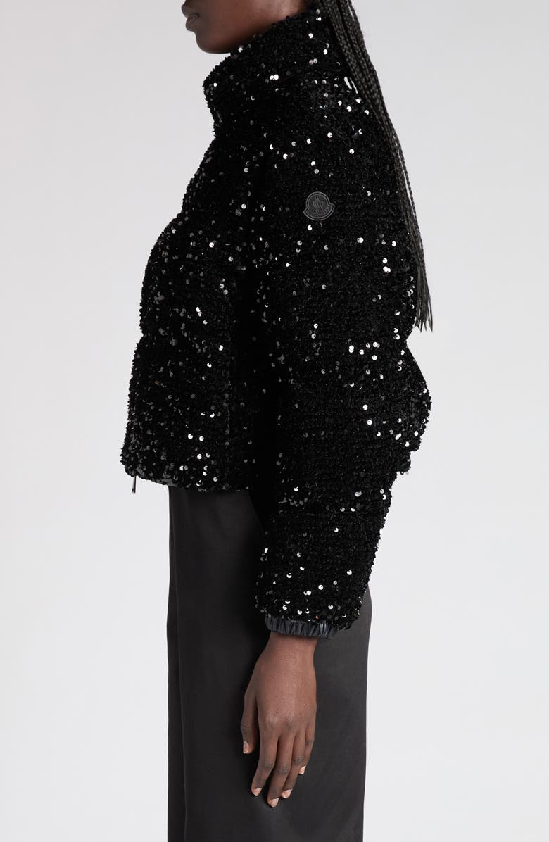 Moncler Louvi Sequin Faux Shearling Down Jacket, Alternate, color, Black