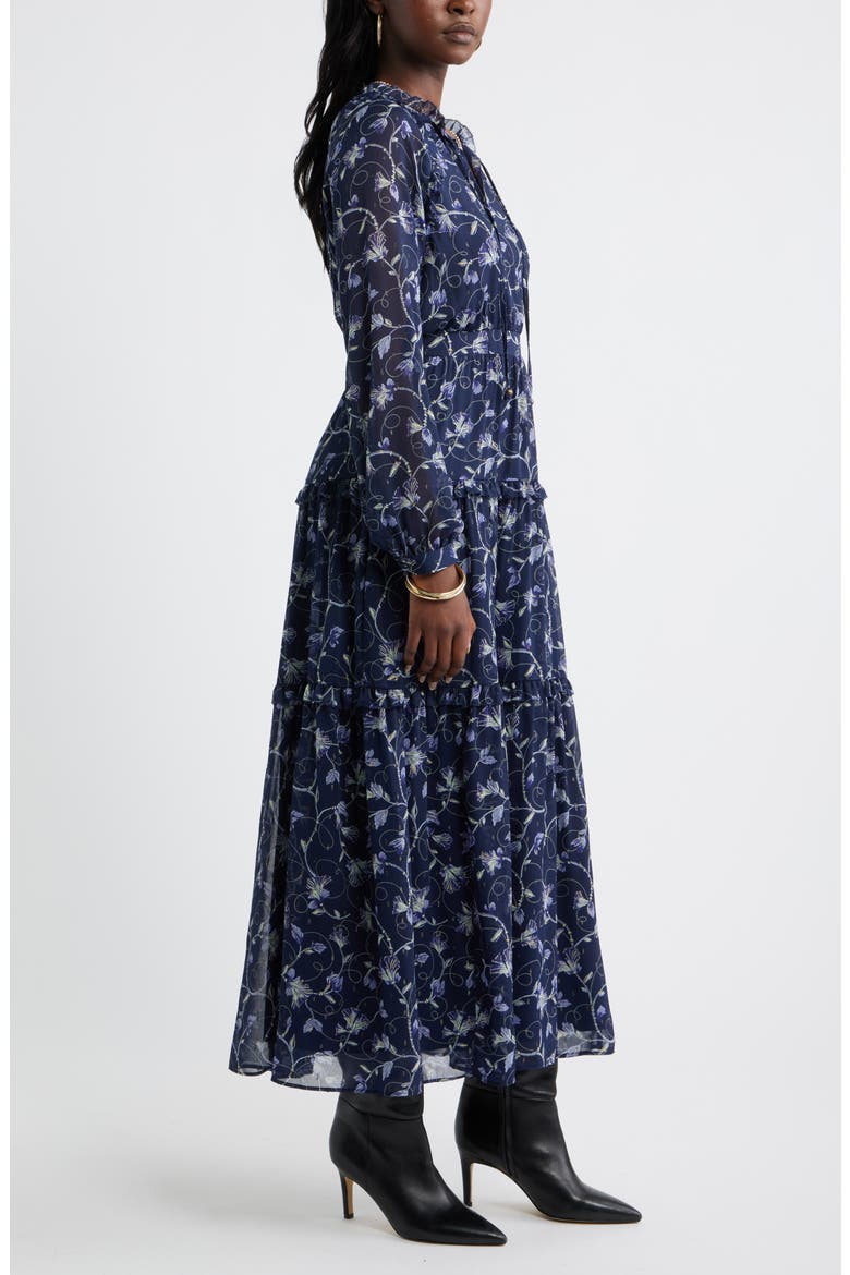 Floral Metallic Clip Dot Ruffle Tiered Midi Dress, Alternate, color, NAVY- BLUE MOLLY BOHO