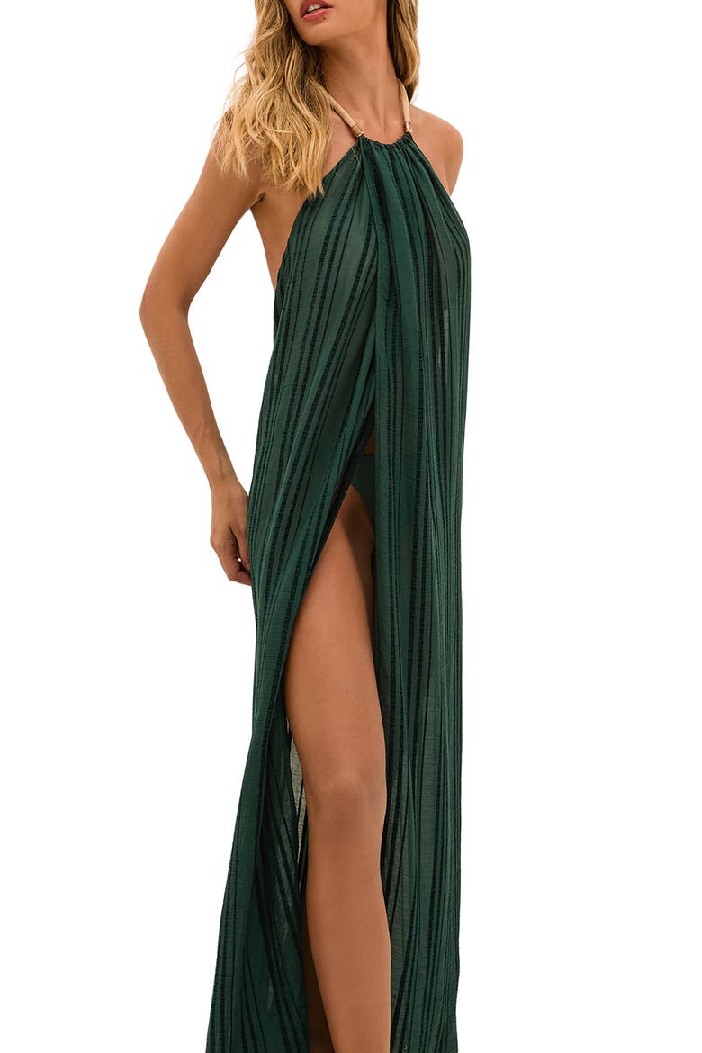 Cloe Stripe Halter Semisheer Cover-Up Dress, Alternate, color, GREEN