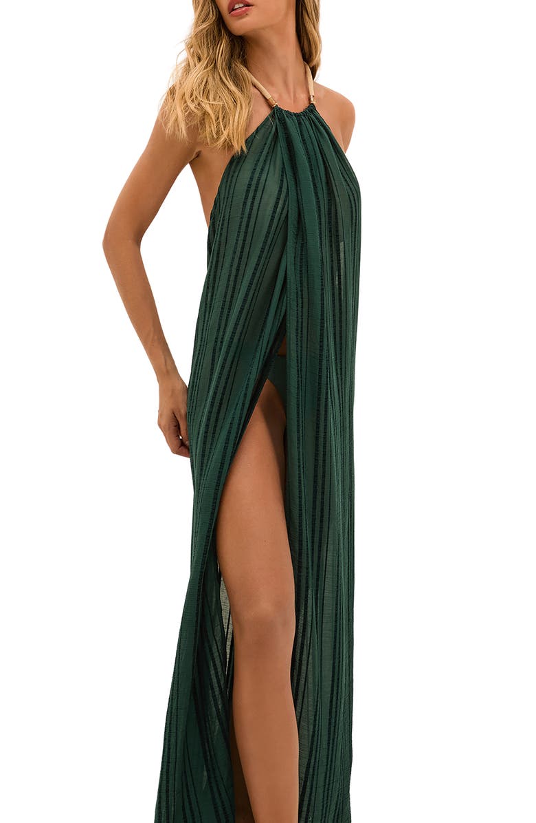 ViX Paula Hermanny Cloe Stripe Halter Semisheer Cover-Up Dress, Alternate, color, Green