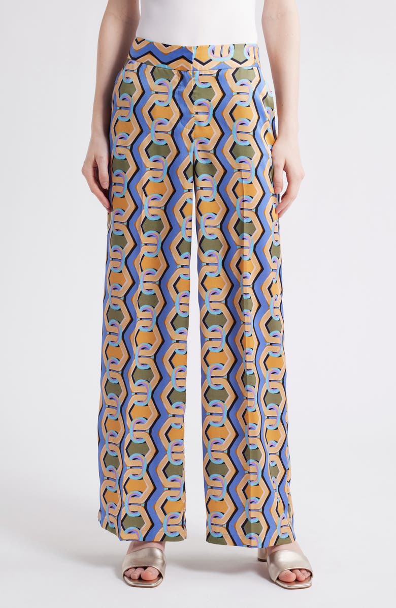 Tahari ASL Geo Print Wide Leg Satin Pants, Main, color, Blue Chains