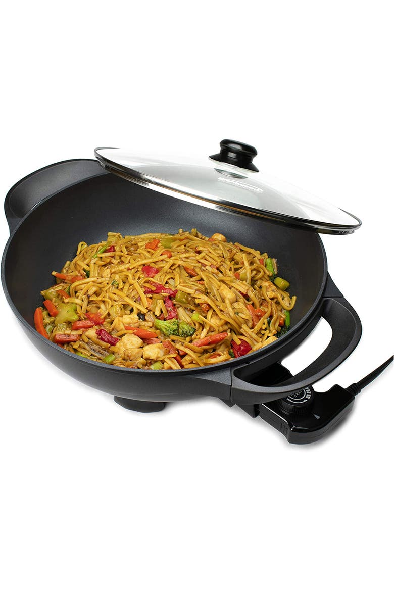 13" Flat Bottom Electric Wok Skillet w/ Glass Lid Black, Alternate, color, Black
