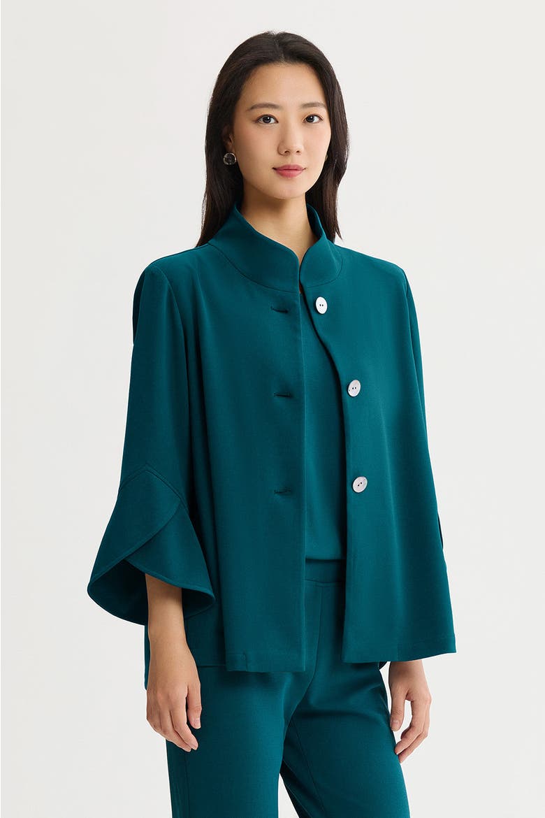 Button Front Bell Sleeve Deco Crepe Jacket, Alternate, color, Deep Teal