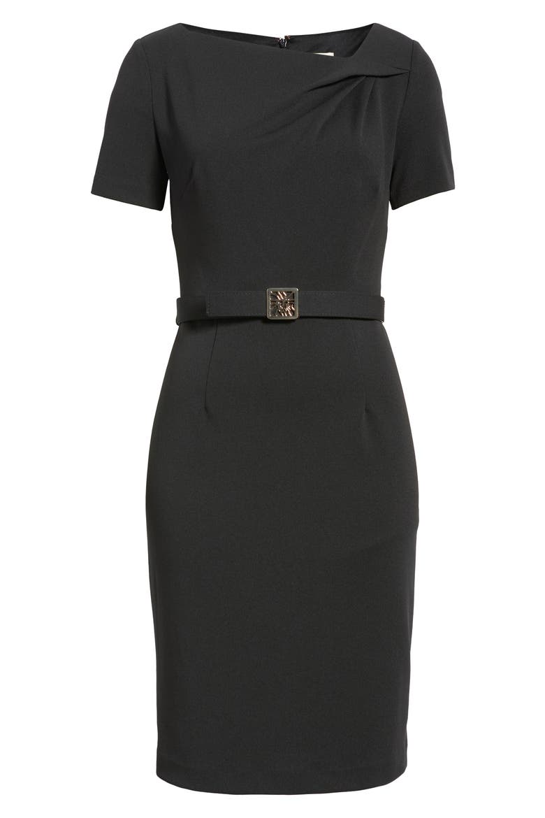 Asymmetric Neck Scuba Crepe Sheath Dress, Main, color, ANNE BLACK