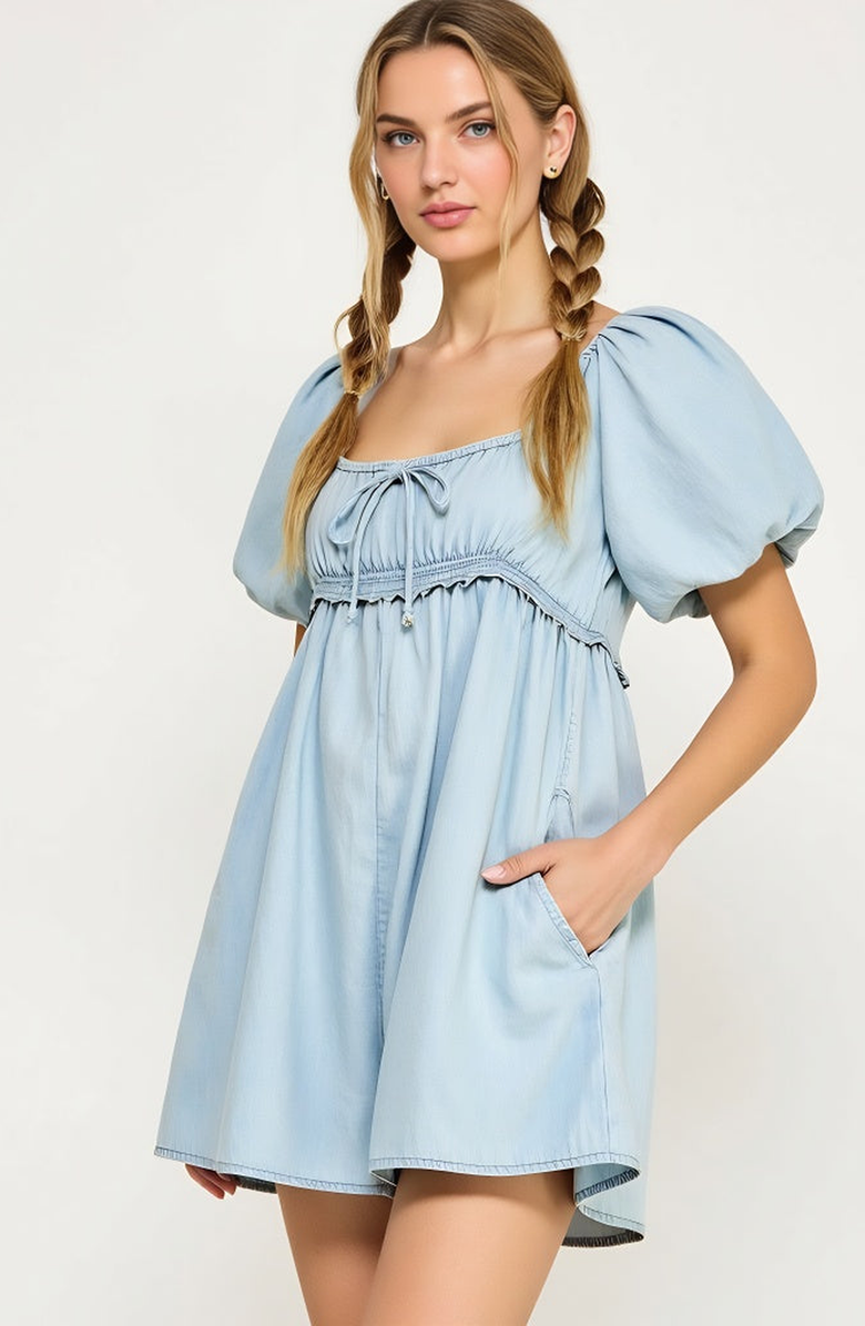 Modenaire Puff Sleeve Romper with Tie Front and Relaxed Flowy Fit, Alternate, color, Light Blue