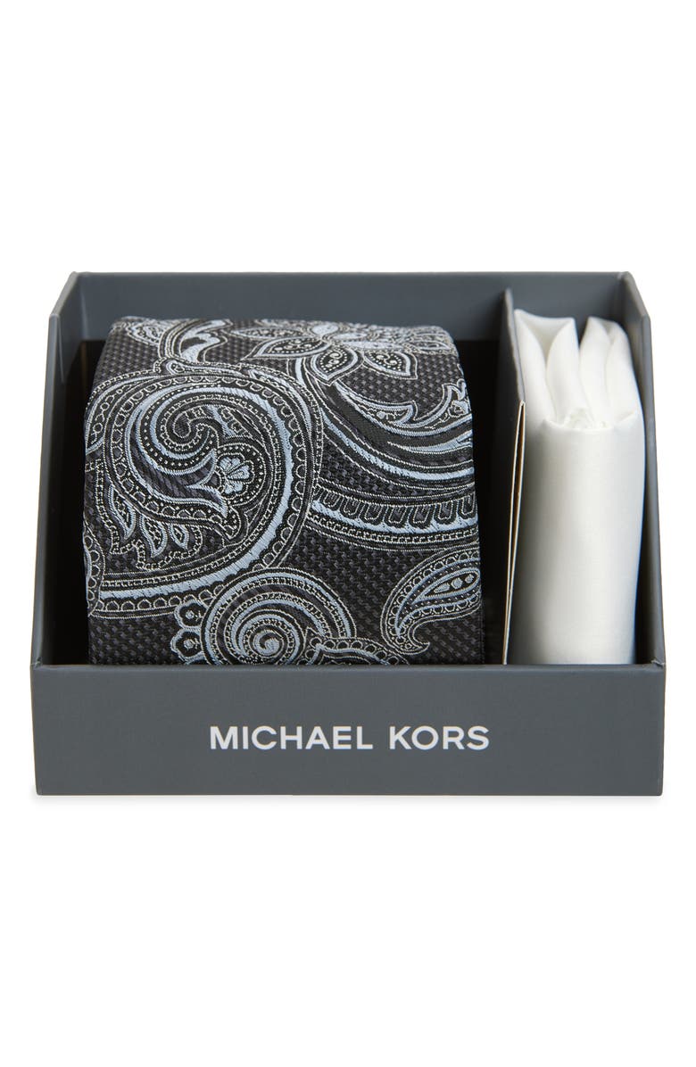 Michael Kors Paisley Tie & Pocket Square Box Set, Main, color, Black