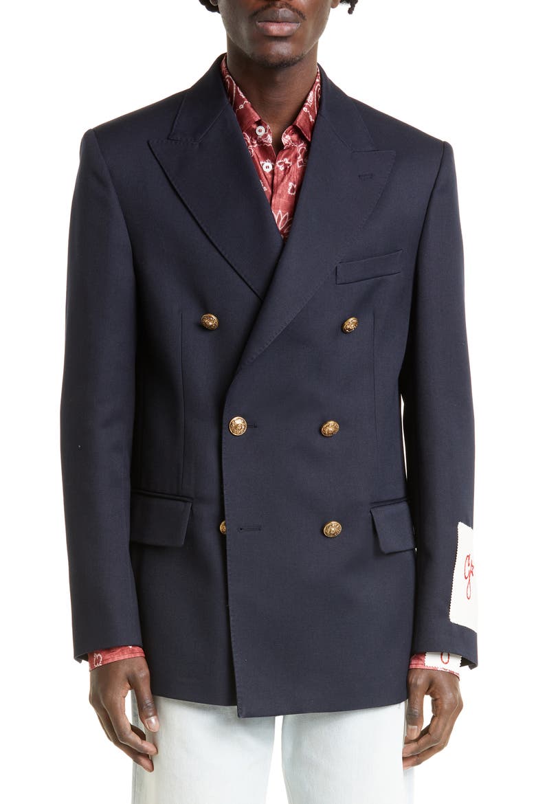 Crest Button Double Breasted Gabardine Blazer, Main, color, NAVY