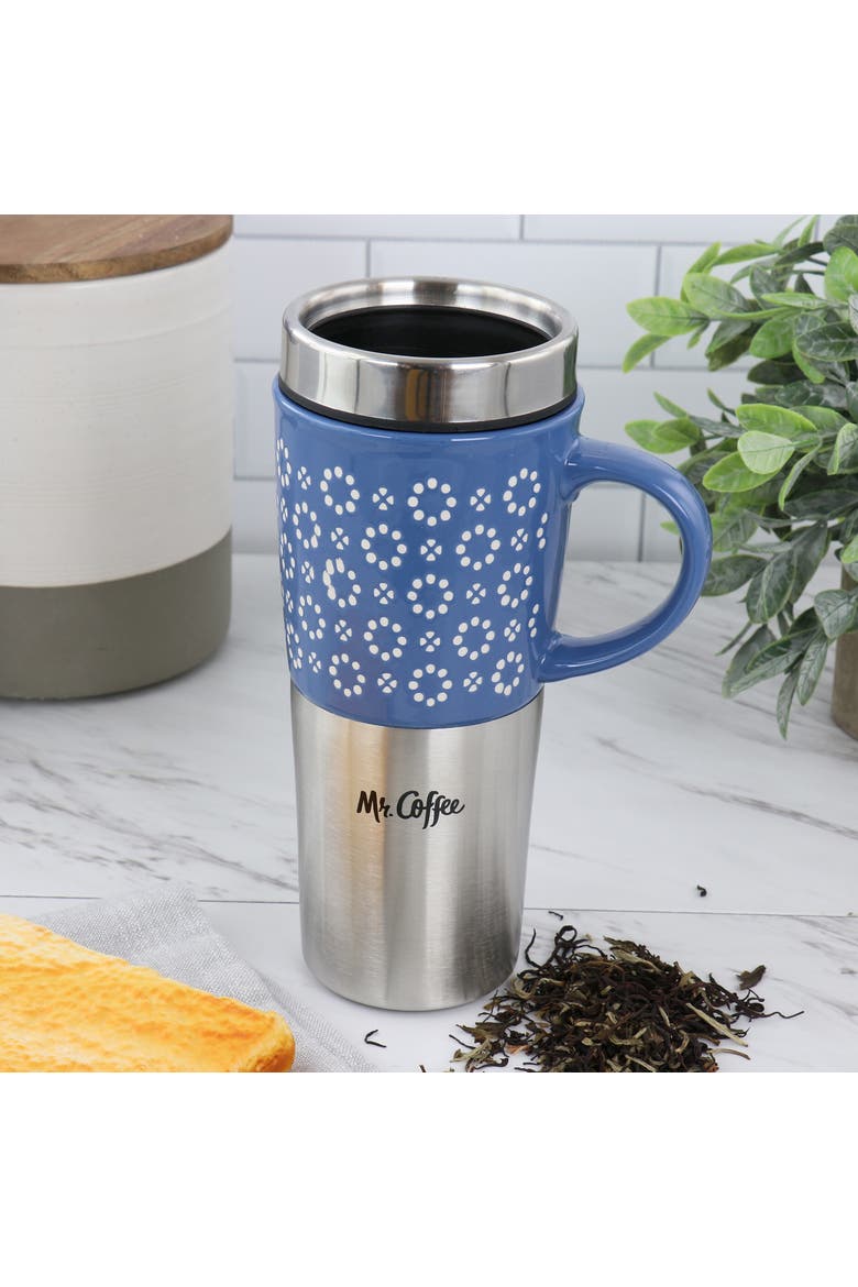 Travertine 16 Ounce Stoneware and Stainless Steel Travel Mug With Lid, Alternate, color, Blue