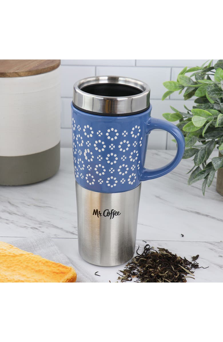 Mr. Coffee Travertine 16 Ounce Stoneware and Stainless Steel Travel Mug With Lid, Alternate, color, Blue
