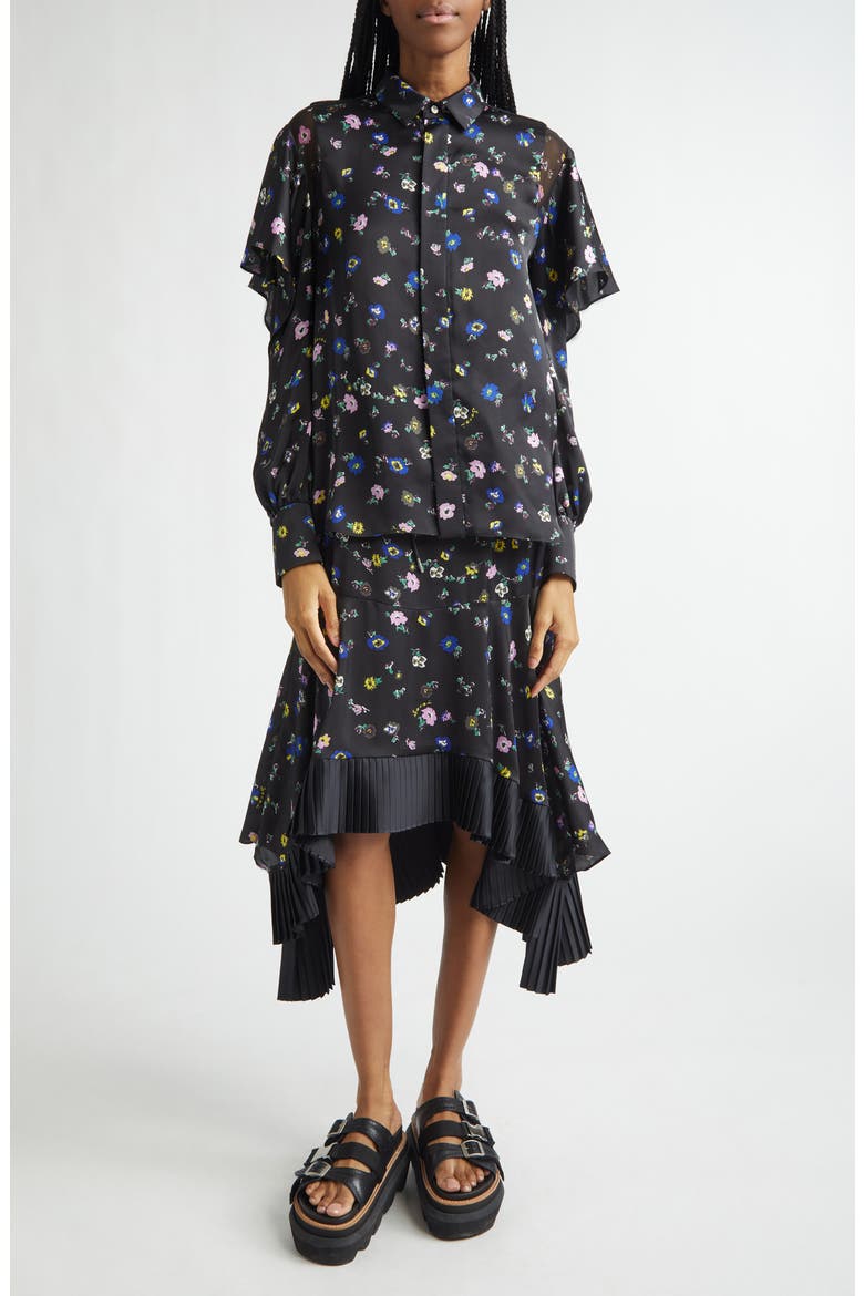 Floral Print Ruffle Button-Up Shirt, Alternate, color, BLACK