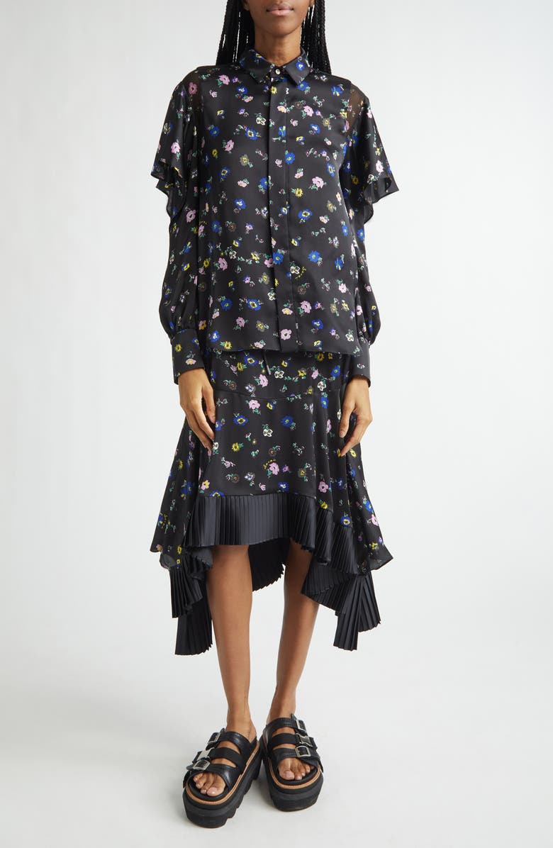 Sacai Floral Print Ruffle Button-Up Shirt, Alternate, color, Black