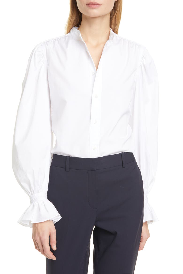 Gretchen Ruffle Sleeve Cotton Button-Up Shirt, Main, color, WHITE
