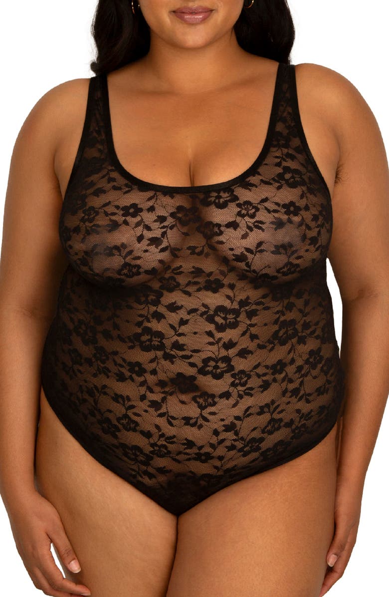 Curvy Couture No-Show Lace Bodysuit, Main, color, Black Hue