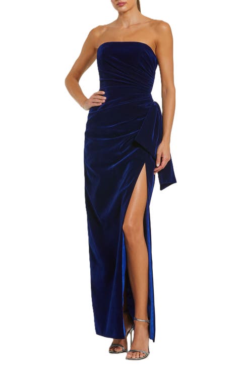 Women's Strapless High Slit Draped Velvet Gown