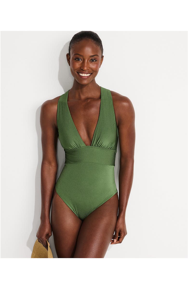 Lands' End Shine Ribbed Twist Back High Leg One Piece Swimsuit, Alternate, color, Fusion Green Shine