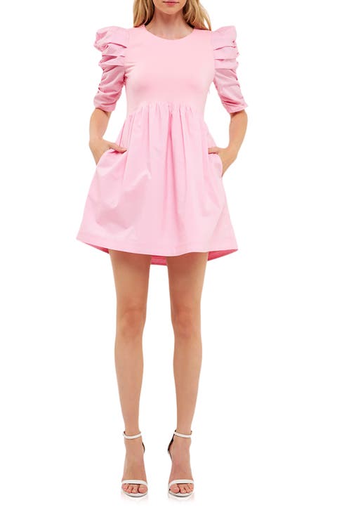 Ruched Puff Sleeve Cotton Dress
