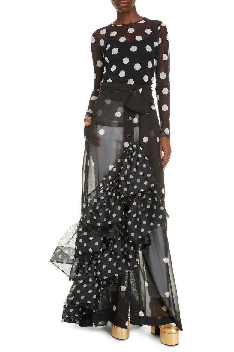 Sikar Dot Ruffle Sheer Maxi Skirt, Alternate, color, BLACK
