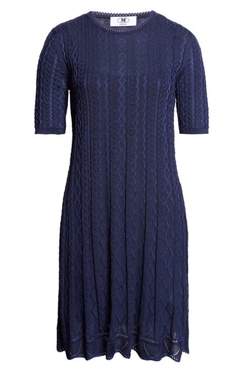 Tonal Zigzag Short Sleeve Pleated Sweater Dress